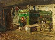 Georg Saal view into a Blackforest living room with small girl on the oven bench Germany oil painting artist